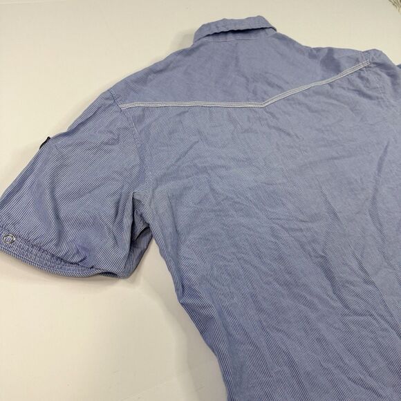 Dragonfly Mens Y2K Patched AOP Button Down Shirt Blue Stripe Pearl Snap Size L - Picture 4 of 9